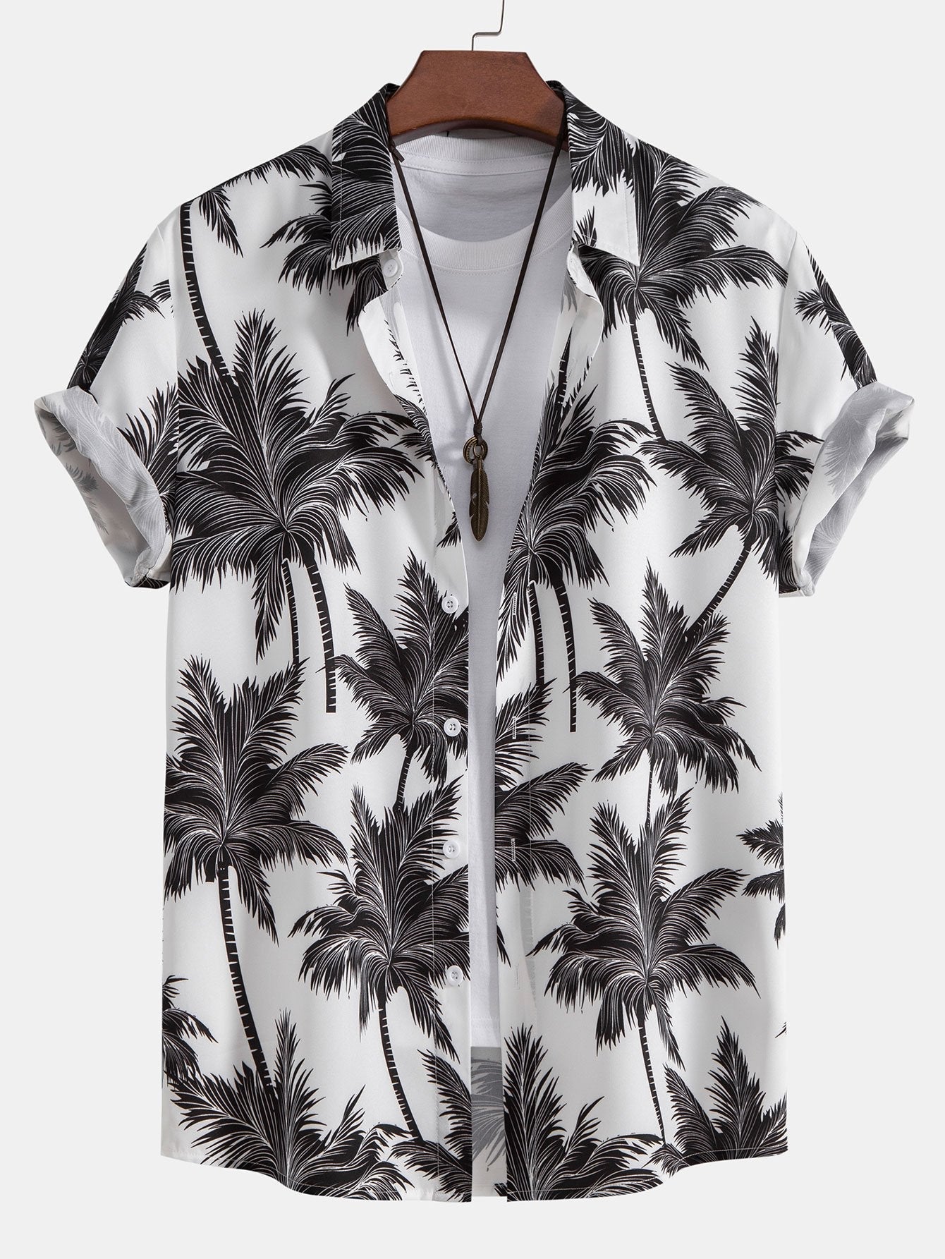 Button-Up Shirt and Swim Shorts with Palm Tree Print
