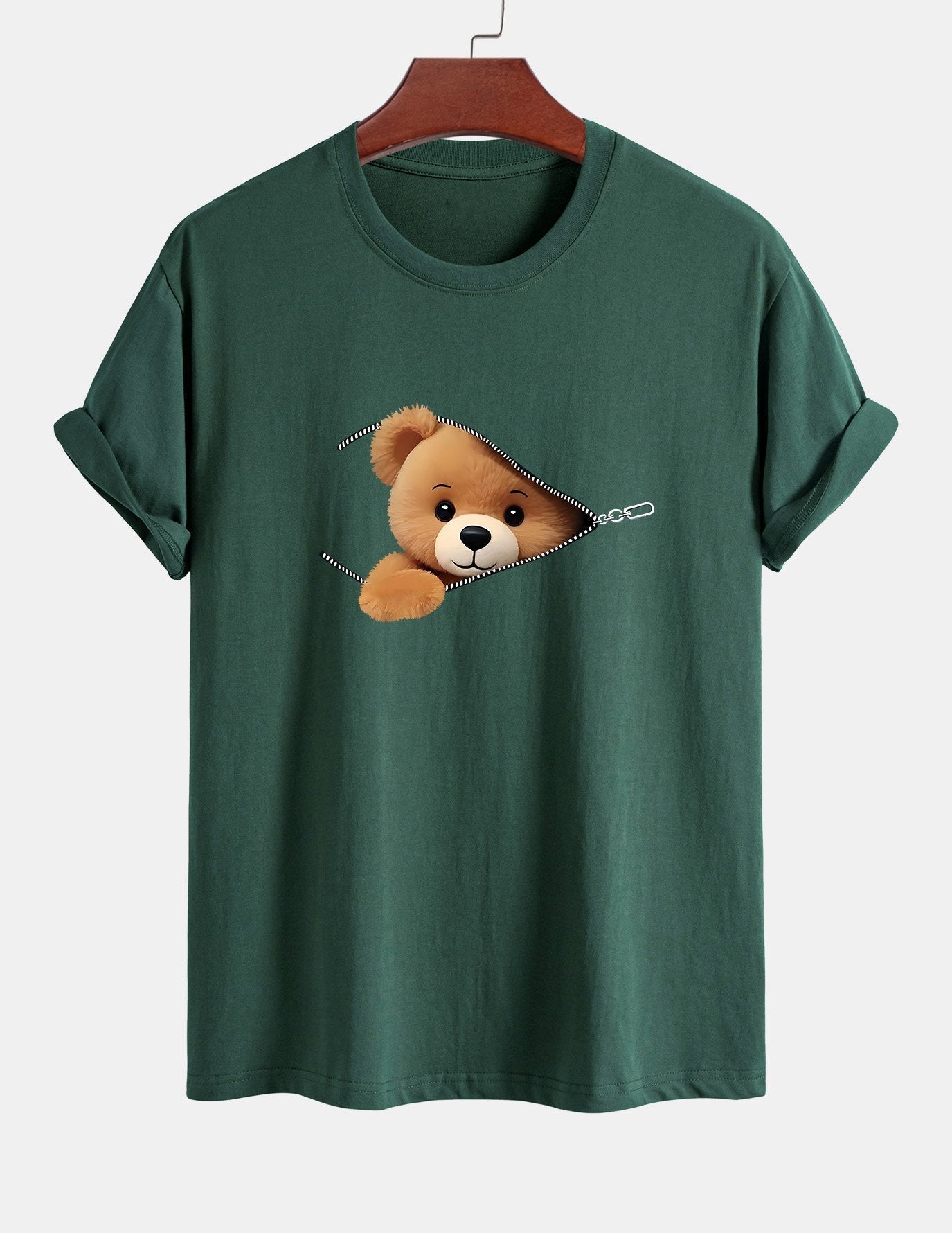 Classic Fit Cotton T-Shirt with Zipper and Bear Print