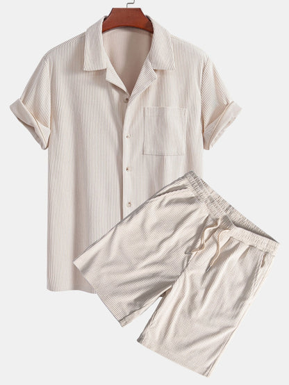 Corduroy Cuban Shirt and Shorts Set with Short Sleeves