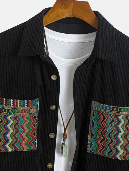Relaxed Fit Ethnic Geometric Corduroy Patchwork Shirt - Unique Random Pattern Design