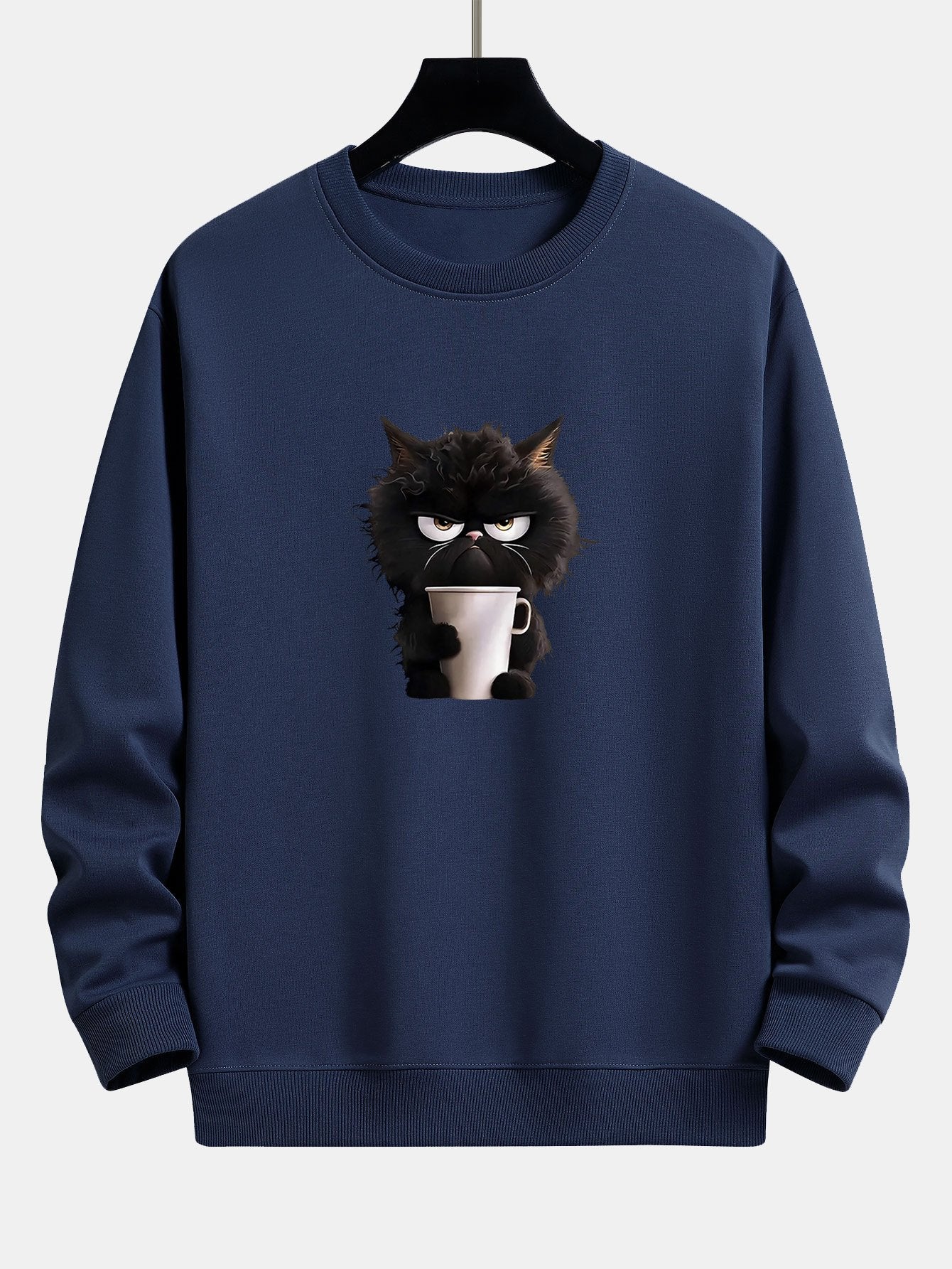 Relaxed Fit Sweatshirt Featuring Black Cat Enjoying Coffee Print