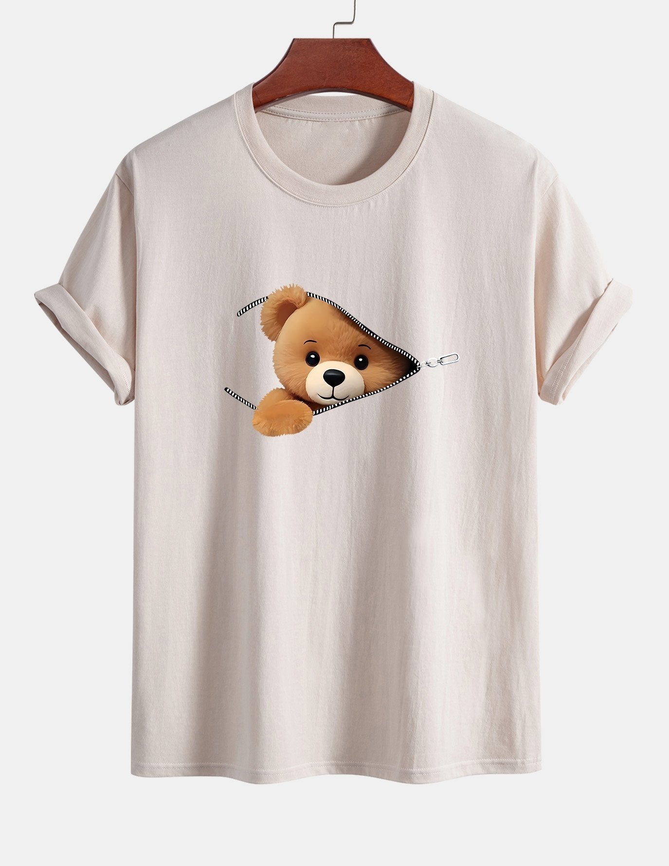 Classic Fit Cotton T-Shirt with Zipper and Bear Print