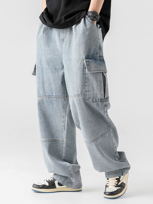 Relaxed Fit Straight Leg Cargo Jeans with Elastic Waist