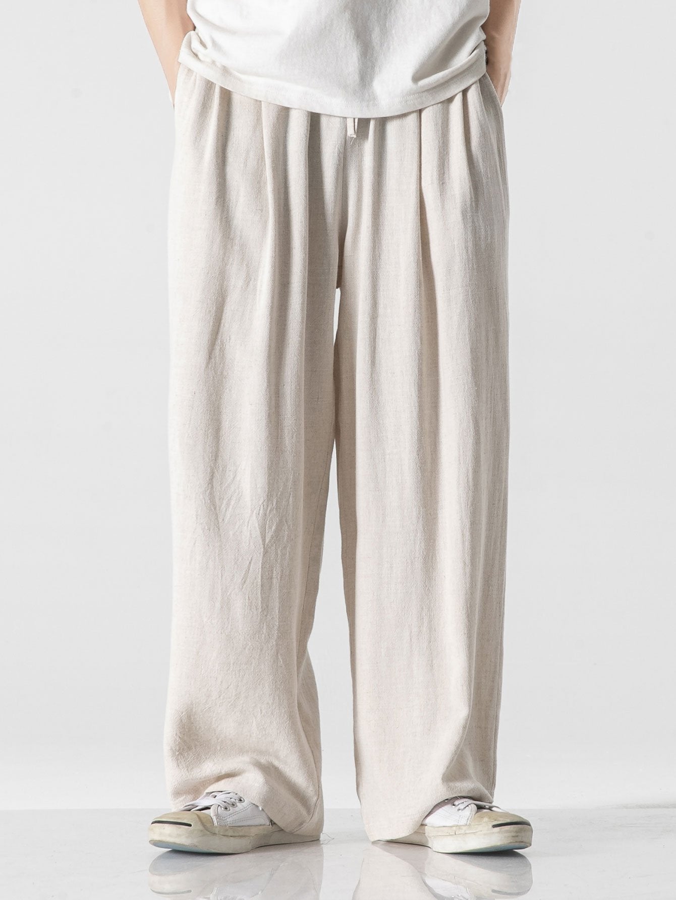 Relaxed Fit Wide Leg Pants in Linen-Cotton Blend