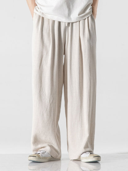 Relaxed Fit Wide Leg Pants in Linen-Cotton Blend