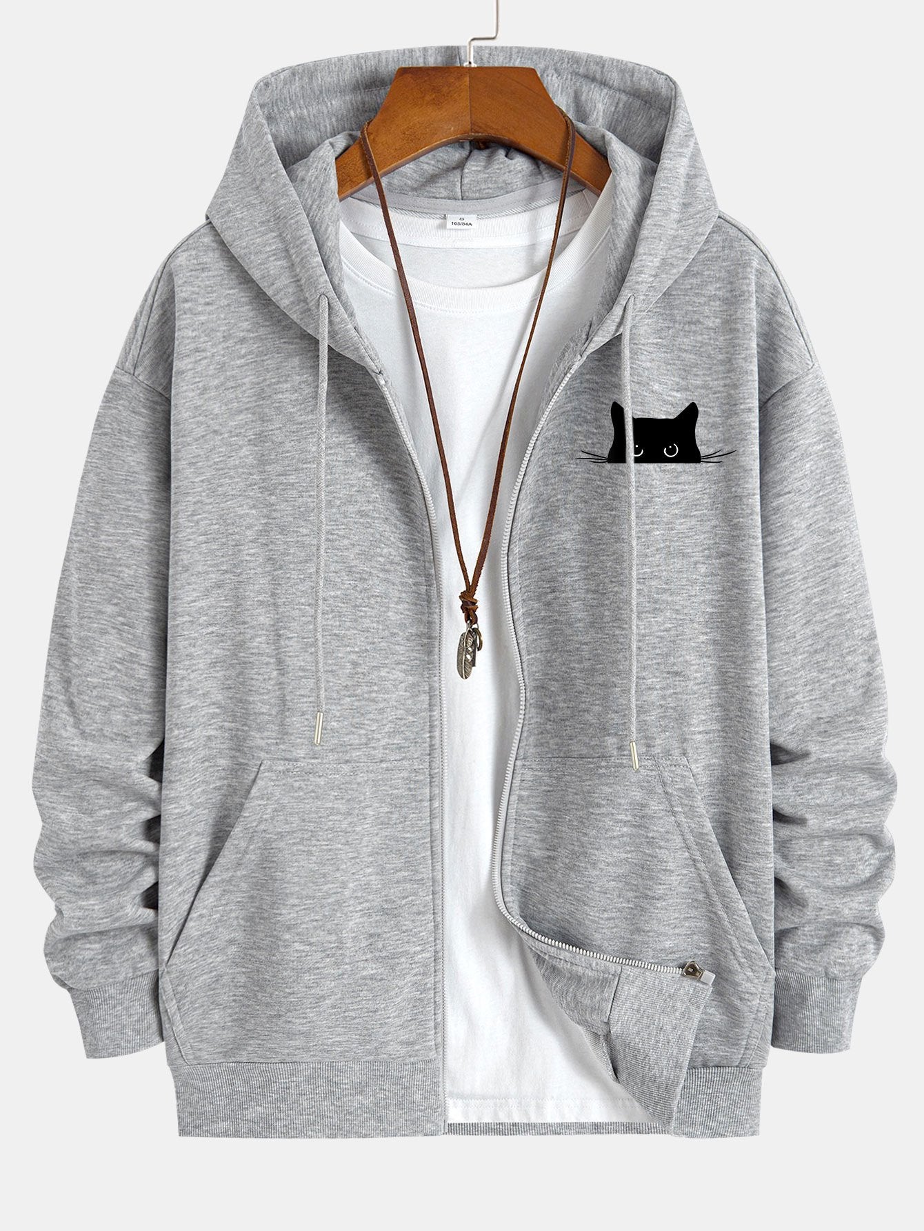 Relaxed Fit Zip Hoodie with Black Cat Print
