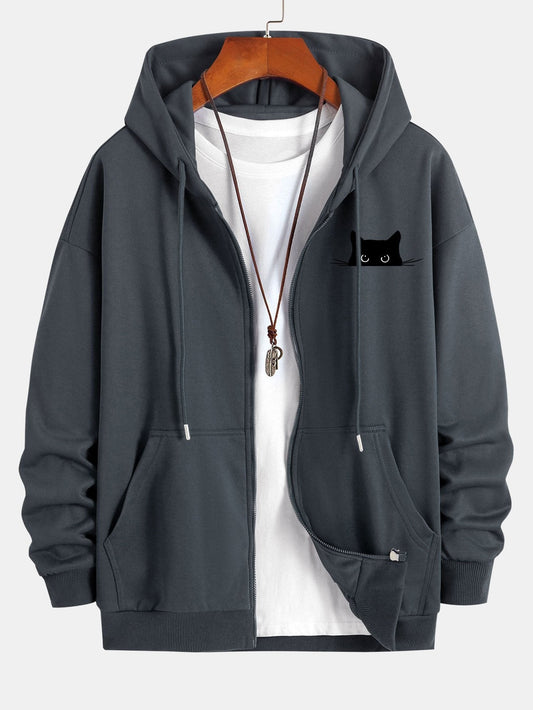 Relaxed Fit Zip Hoodie with Black Cat Print