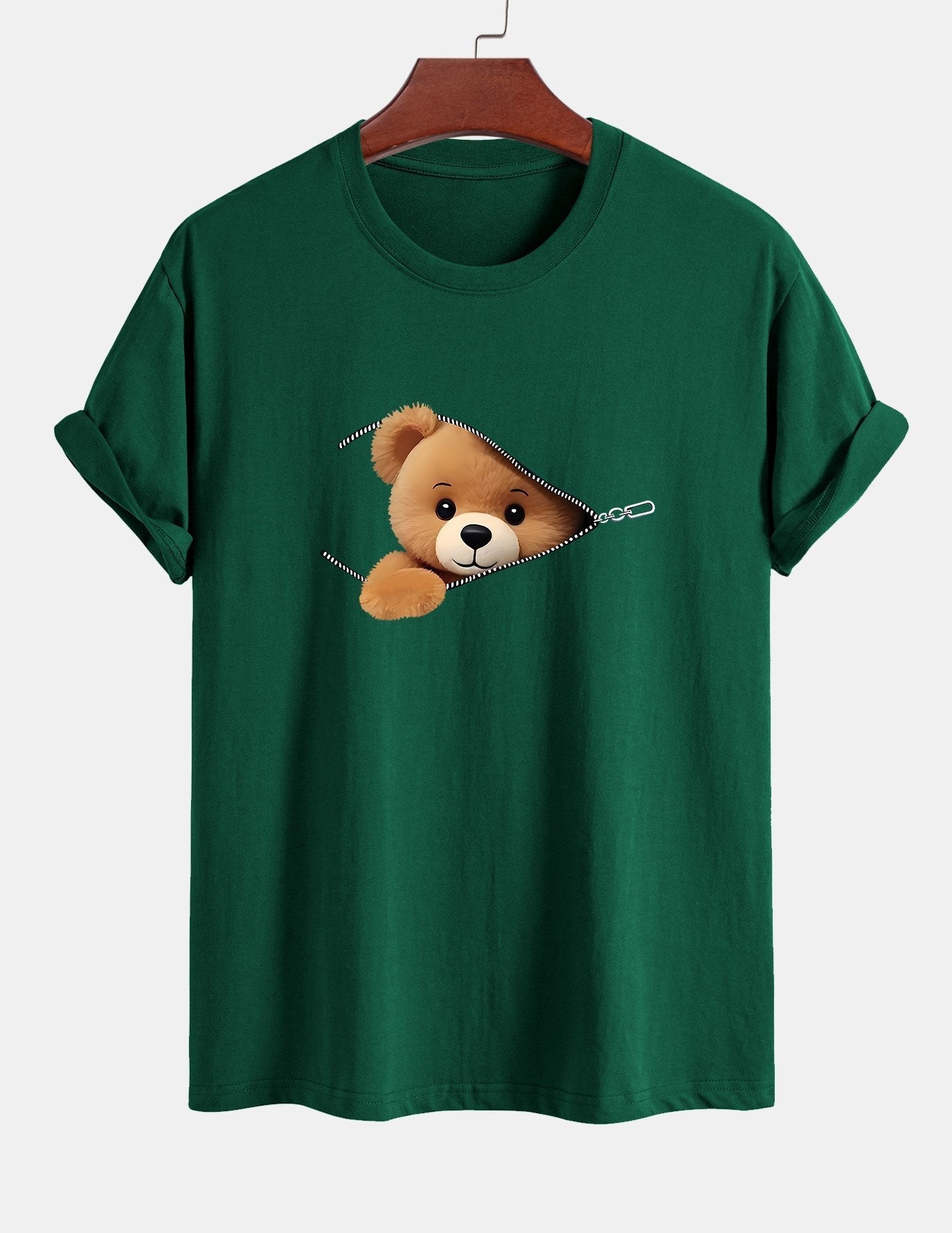 Classic Fit Cotton T-Shirt with Zipper and Bear Print