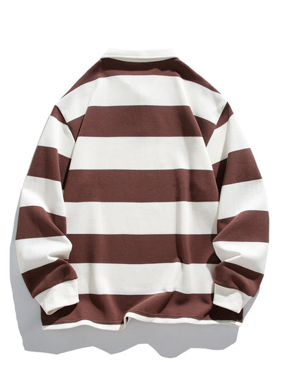 Relaxed Fit Waffle Knit Wide Striped Polo Sweatshirt