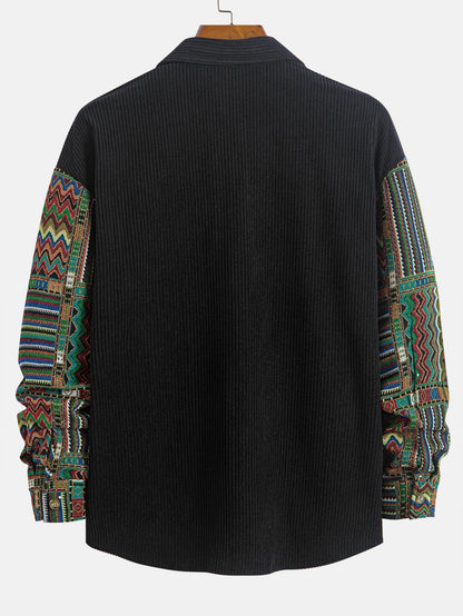 Relaxed Fit Ethnic Geometric Corduroy Patchwork Shirt - Unique Random Pattern Design