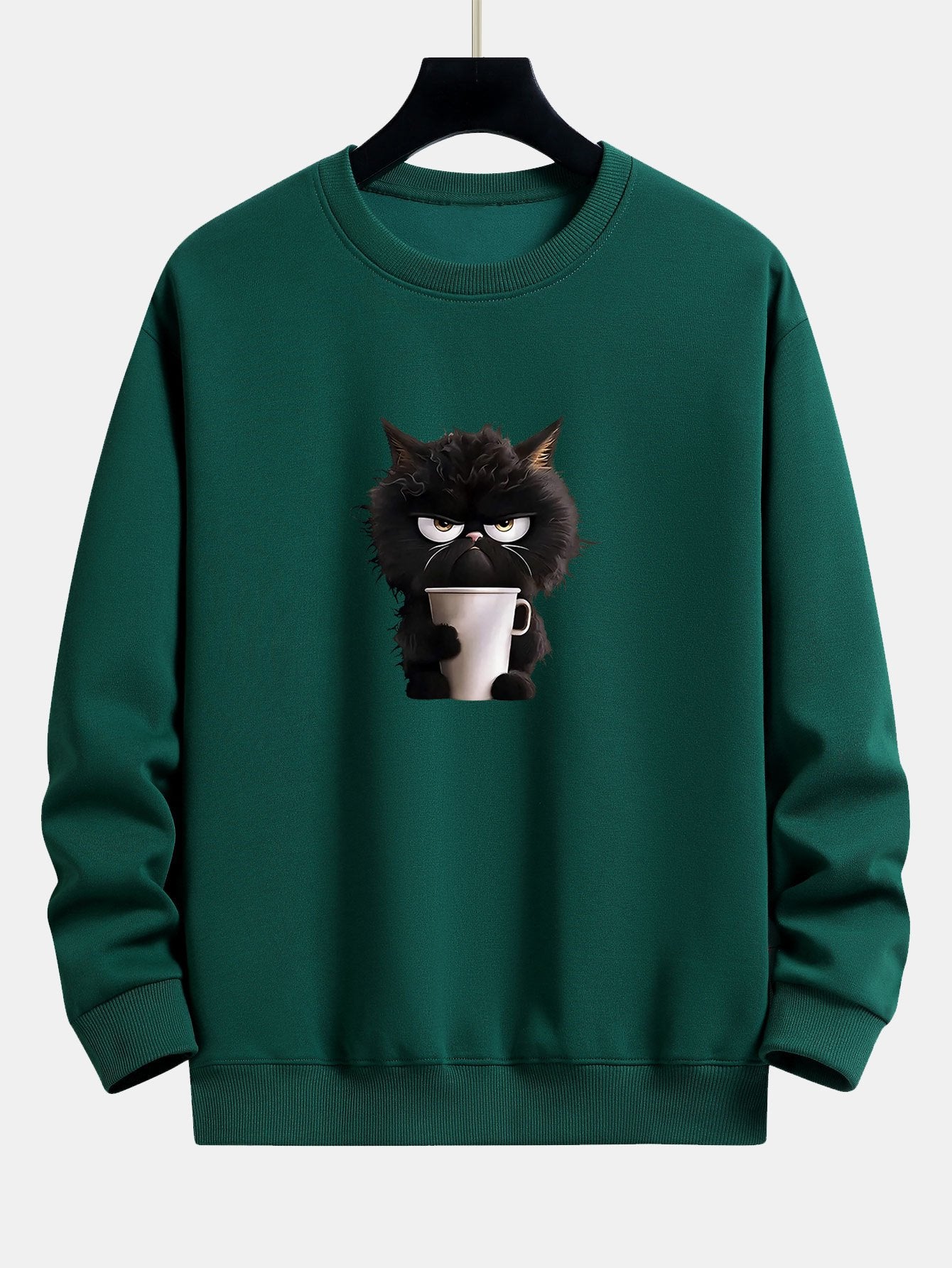 Relaxed Fit Sweatshirt Featuring Black Cat Enjoying Coffee Print