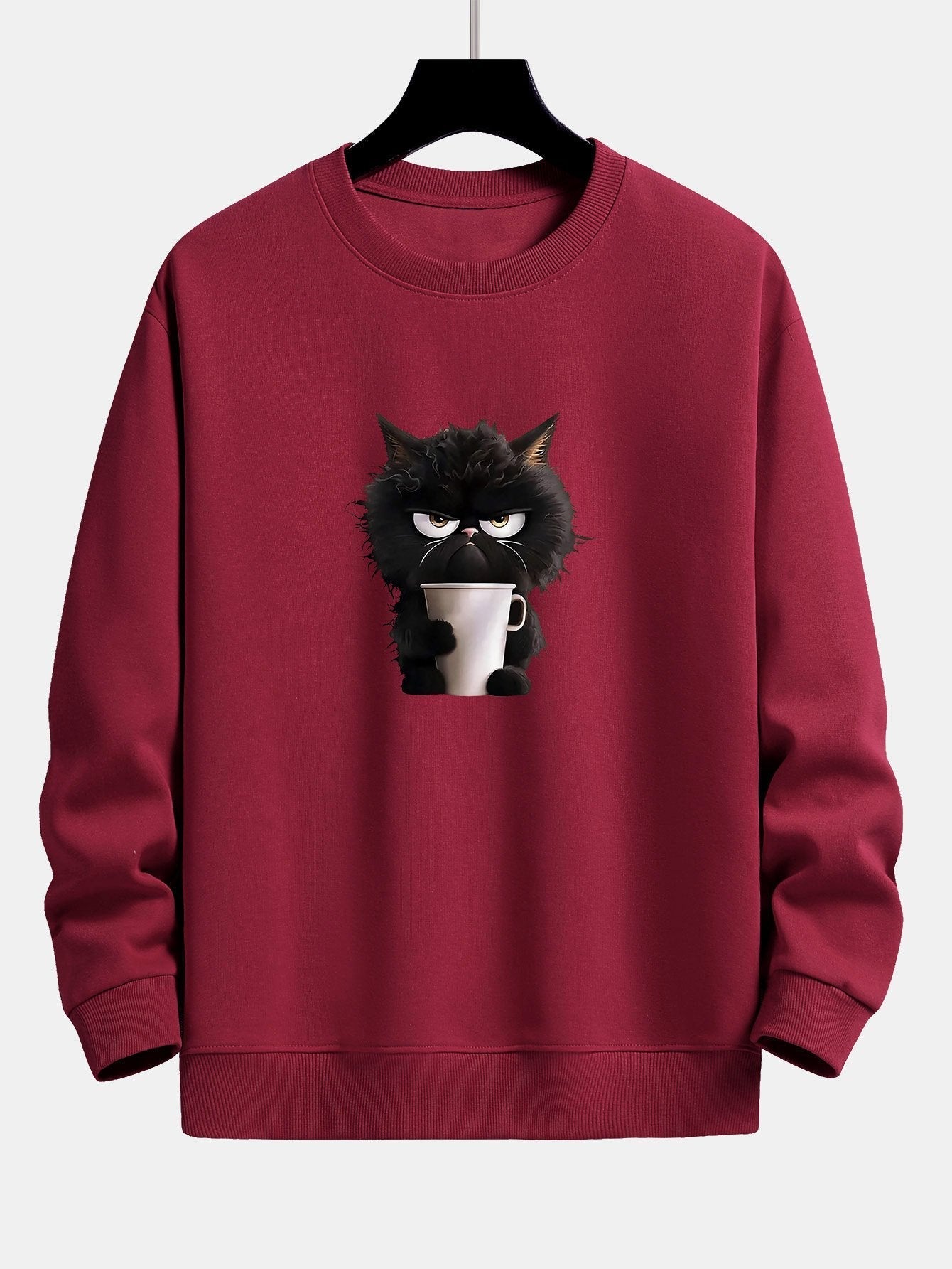 Relaxed Fit Sweatshirt Featuring Black Cat Enjoying Coffee Print