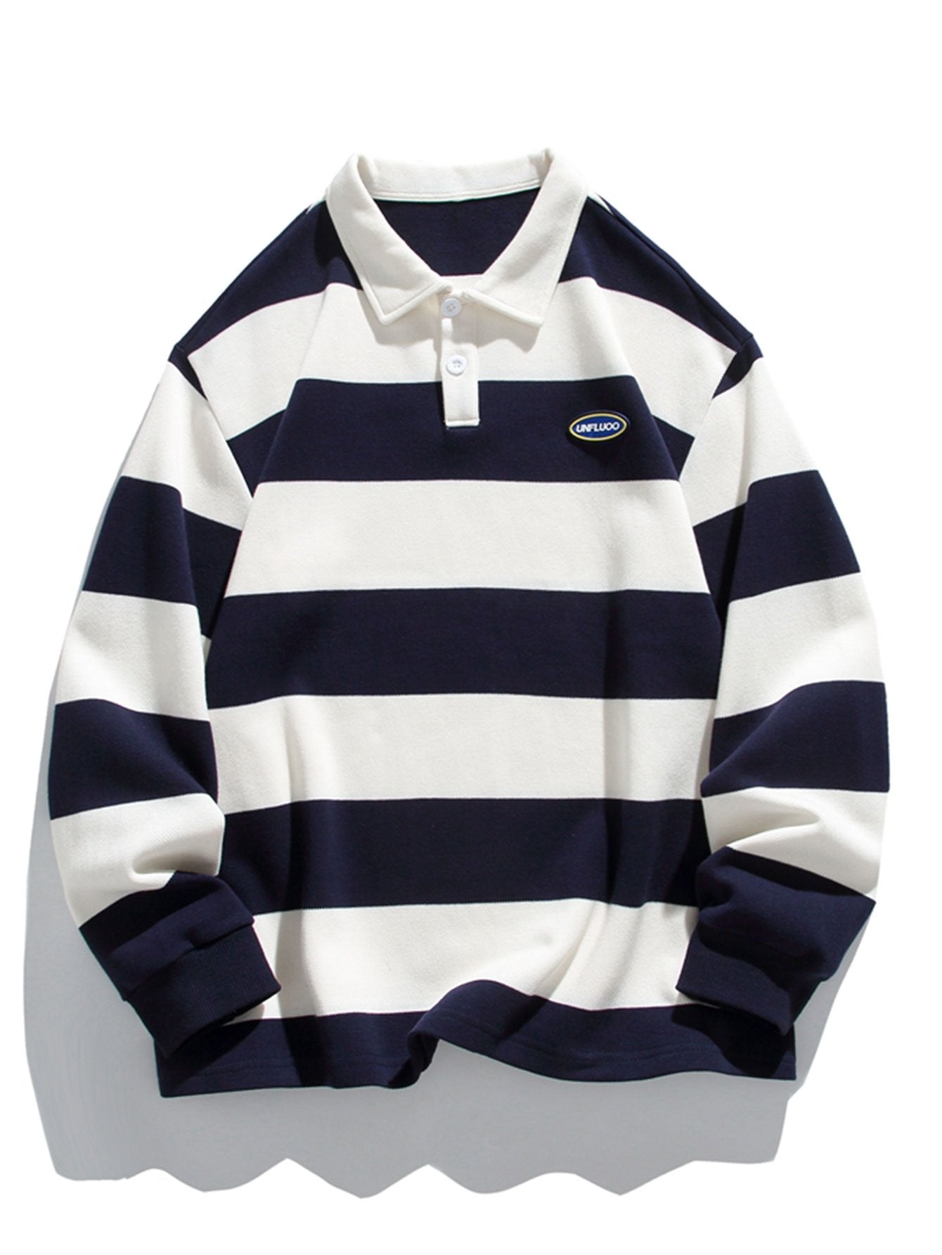 Relaxed Fit Waffle Knit Wide Striped Polo Sweatshirt