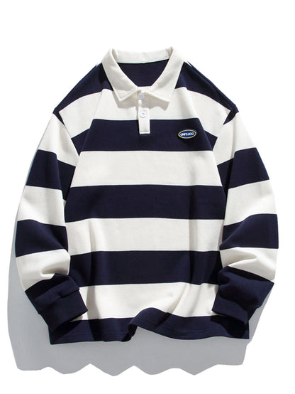 Relaxed Fit Waffle Knit Wide Striped Polo Sweatshirt