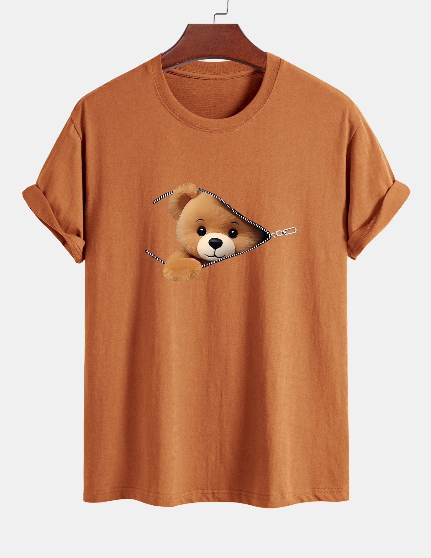 Classic Fit Cotton T-Shirt with Zipper and Bear Print