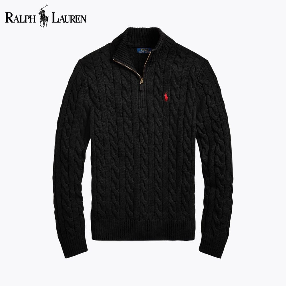 RL Chunky Cable-Knit Cotton Quarter-Zip Sweater RL Chunky Cable-Knit Cotton Quarter-Zip Sweater Slate Crown Black S 